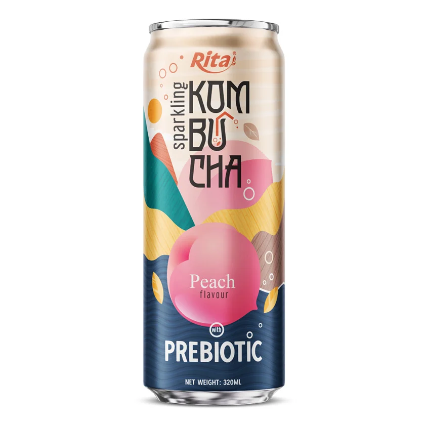 Sparkling Peach Flavor Kombucha Tea Drink with Prebiotic 320ml cans