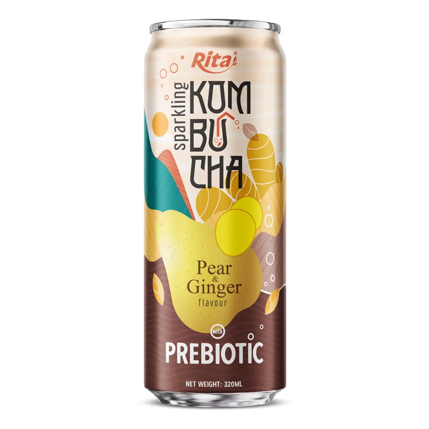 Sparkling Pear and Ginger Flavor Kombucha Drink with Prebiotic 320ml cans