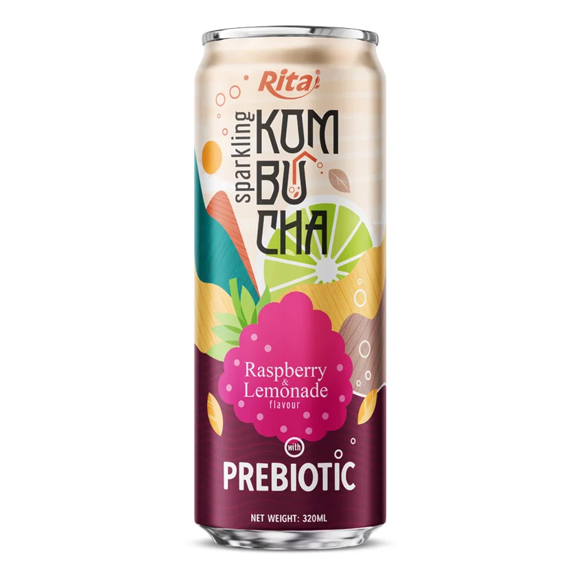 Sparkling Raspberry and Lemonade Flavor Kombucha Tea with Prebiotic 320ml cans