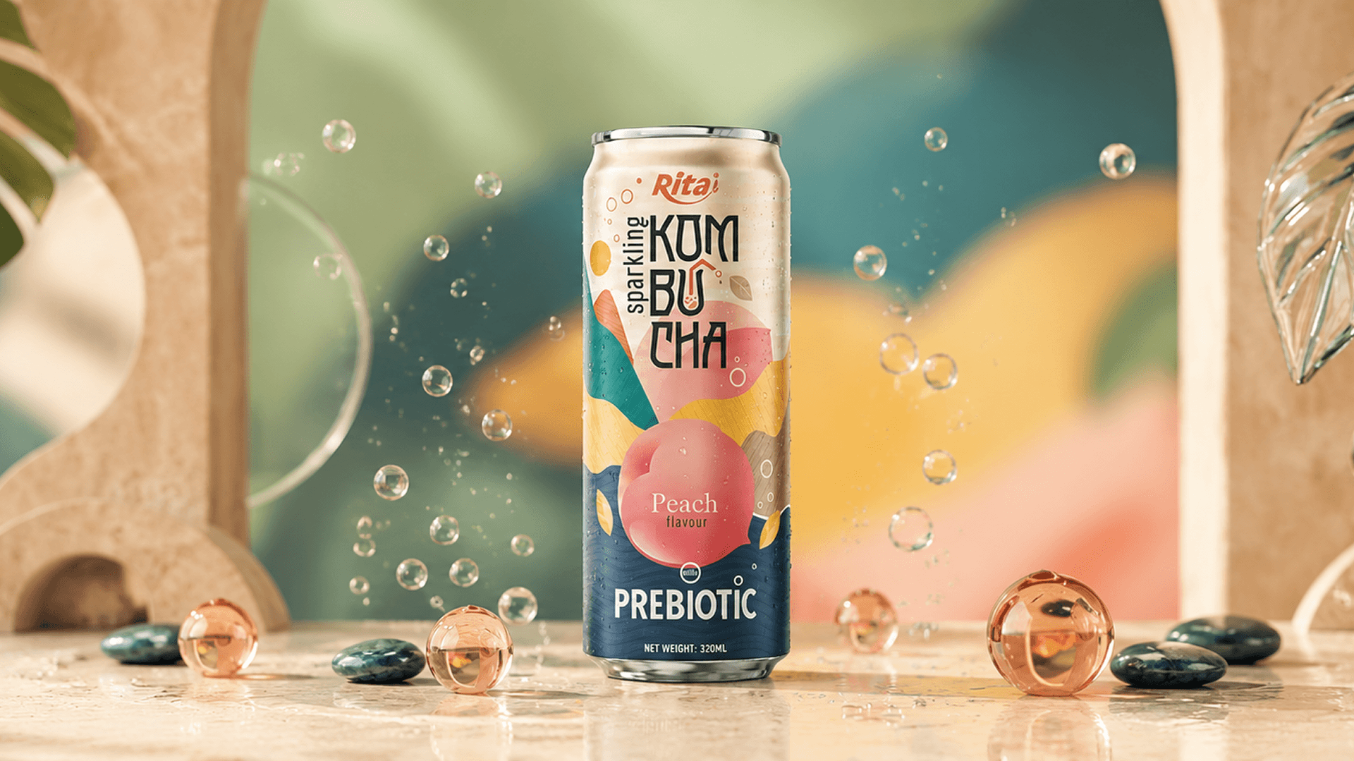Sparkling Peach Flavor Kombucha Tea Drink with Prebiotic