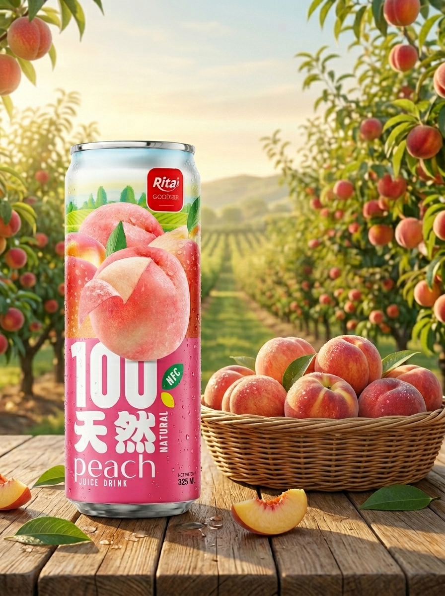 100 Natural Peach Juice Drink 325ml sleek can Poster 1